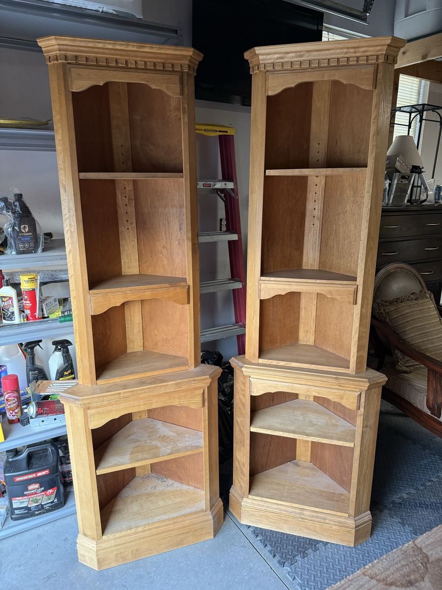 2 solid wood corner shelf units, 6 1/2 ft tall