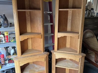 2 solid wood corner shelf units, 6 1/2 ft tall