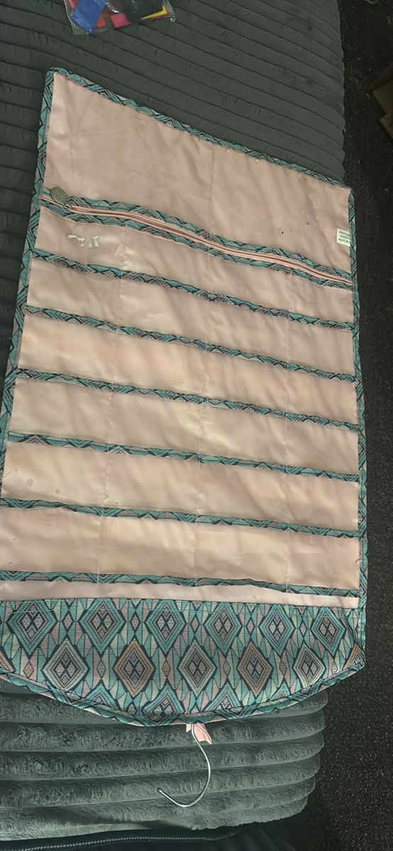 Pink & Teal Geometric Pattern Hanging Jewelry Organizer - Closet Storage for Necklaces, Bracelets