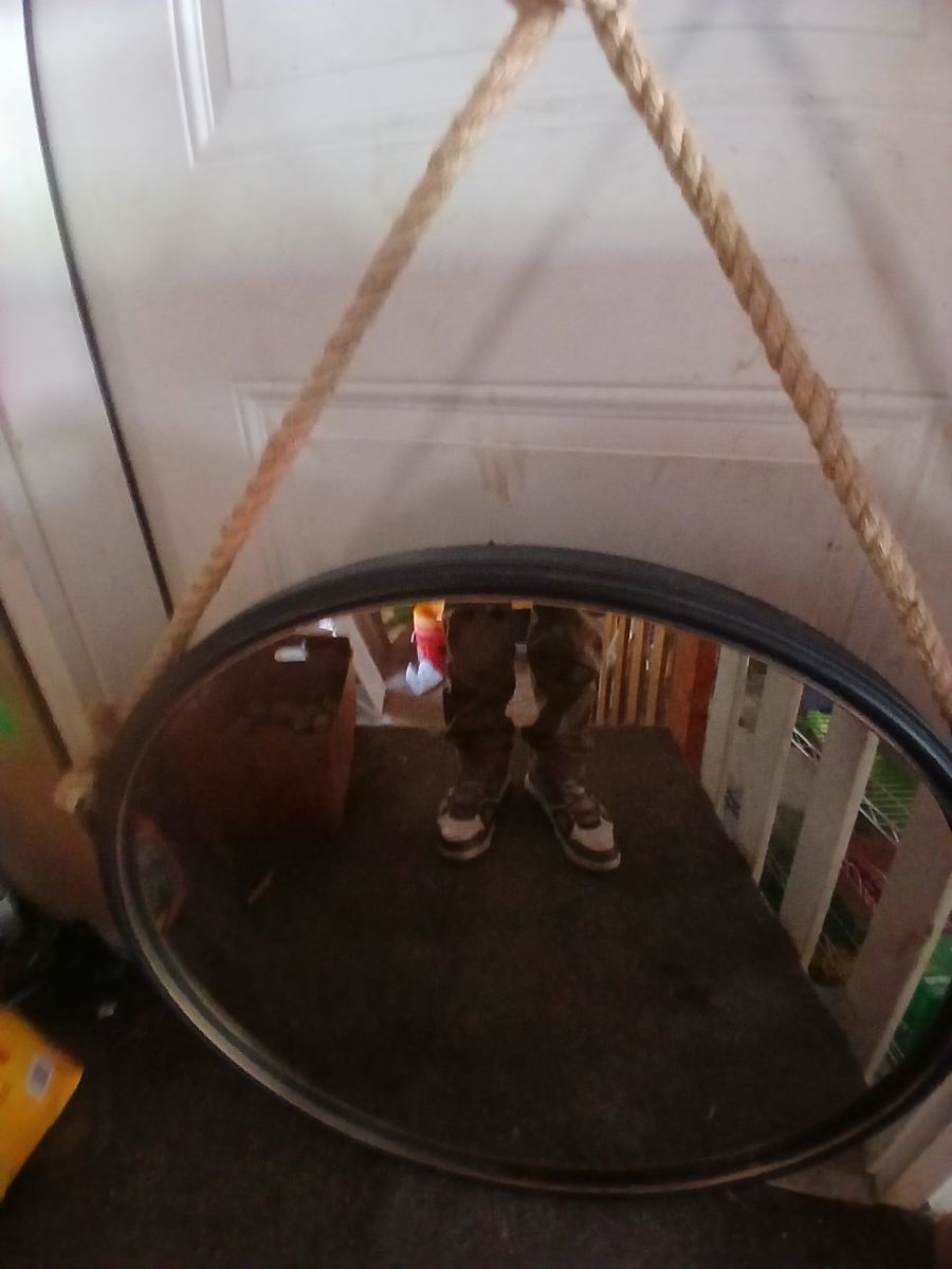 Modern - Contemporary 29.5" round hanging wall mirror with rope strap