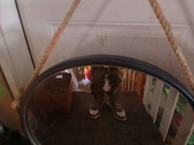 Modern - Contemporary 29.5" round hanging wall mirror with rope strap