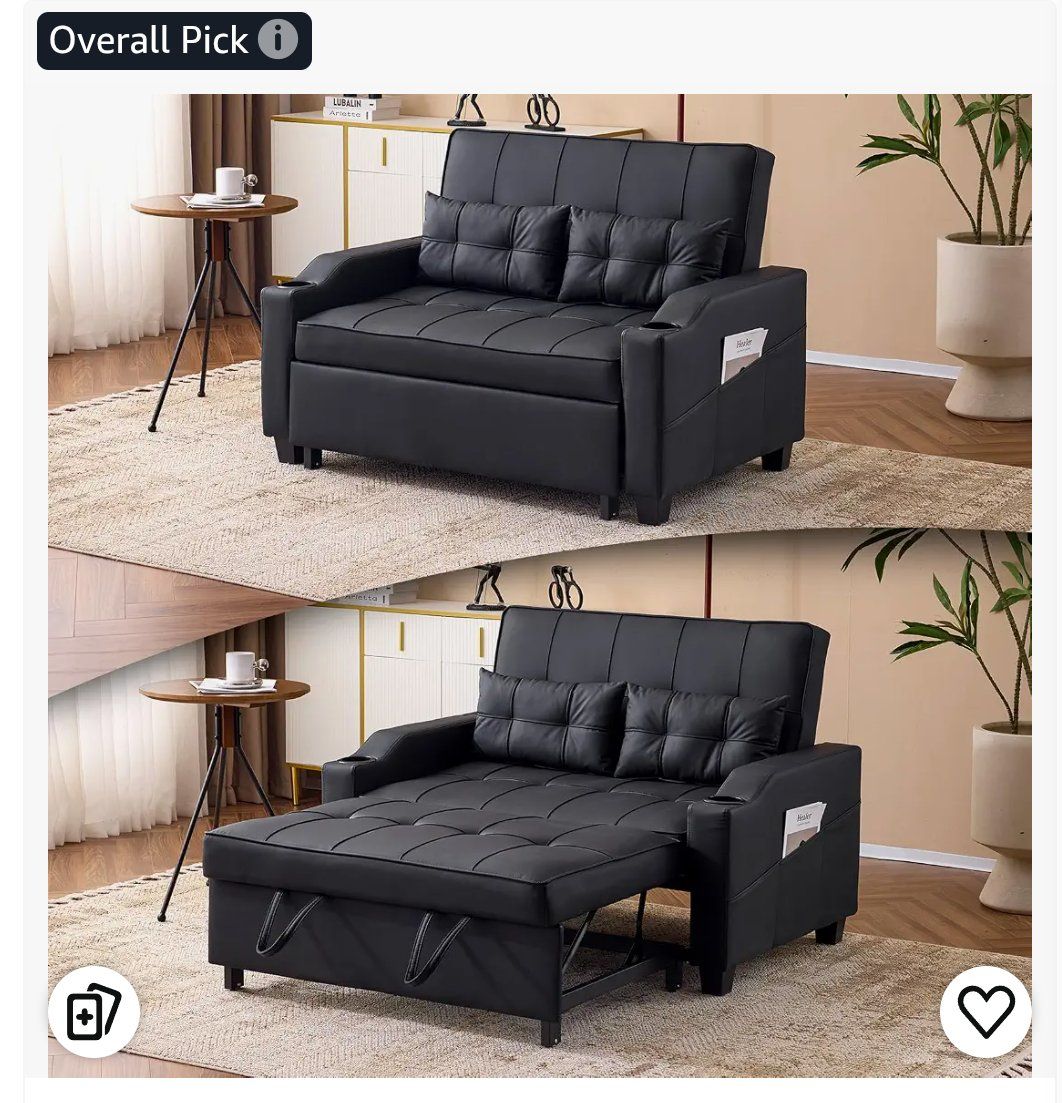 Convertible Black Faux Leather Sleeper Sofa with Cup Holders & Storage Pockets, Pull-Out Futon Couch