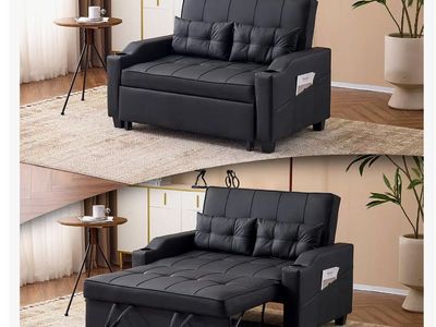 Convertible Black Faux Leather Sleeper Sofa with Cup Holders & Storage Pockets, Pull-Out Futon Couch