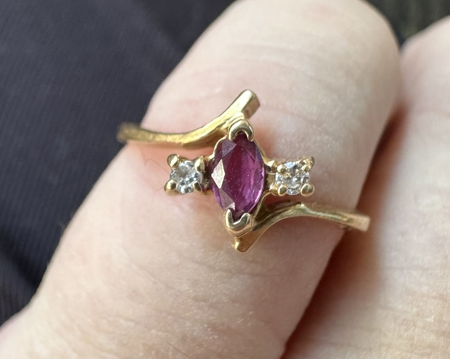 Vintage 14k Gold Ring with Marquise Ruby and Accent Diamonds