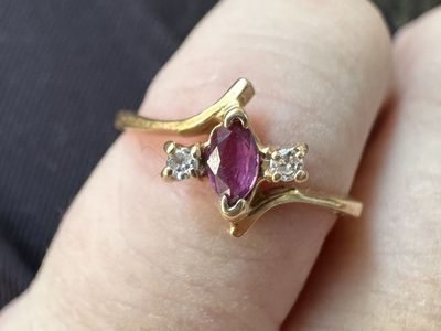 Vintage 14k Gold Ring with Marquise Ruby and Accent Diamonds