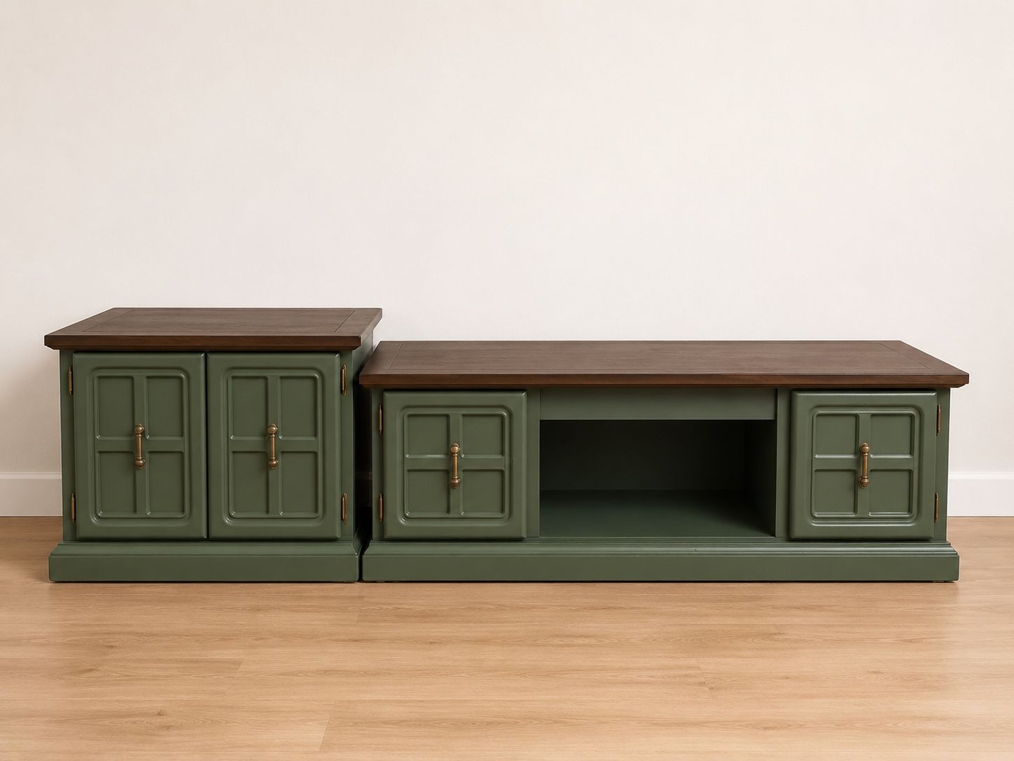 Rustic Green & Brown Wood Storage Cabinets Set, Living Room Sideboard, TV Stand Console