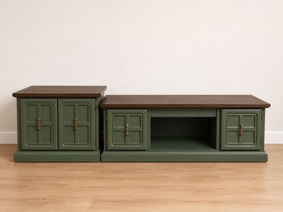 Rustic Green & Brown Wood Storage Cabinets Set, Living Room Sideboard, TV Stand Console