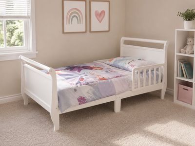 White Toddler Bed + Sealy Posturepedic Mattress & Bedding – $175