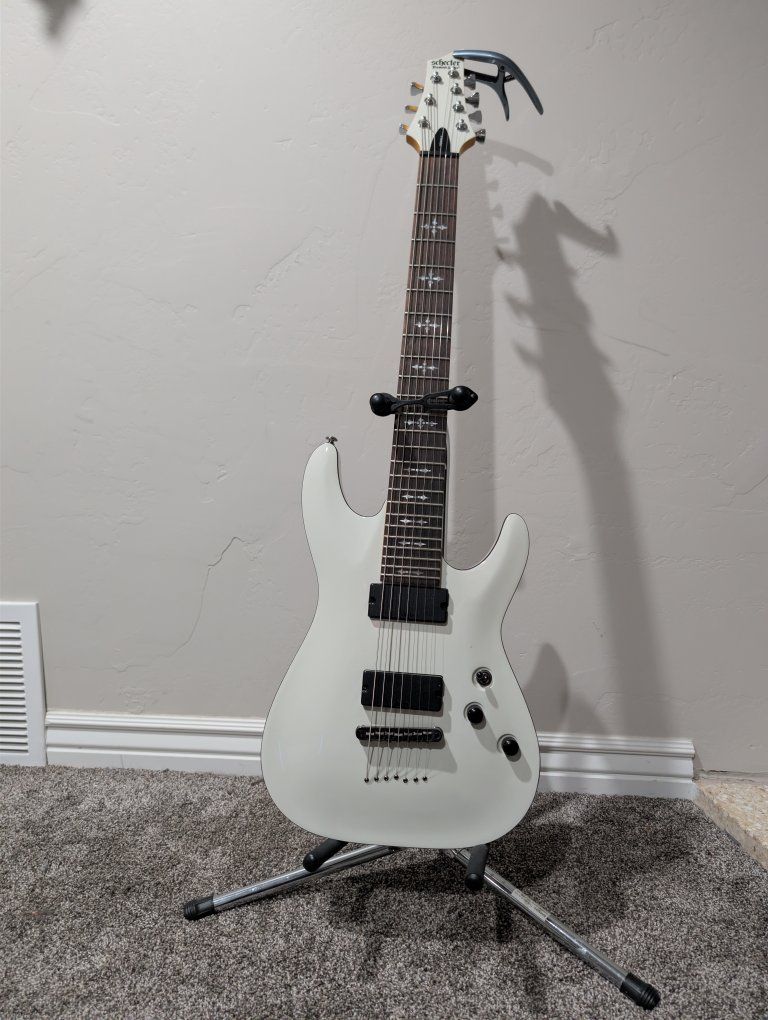 Schecter Demon-7 Guitar White – Upgraded Hipshot Locking Tuners