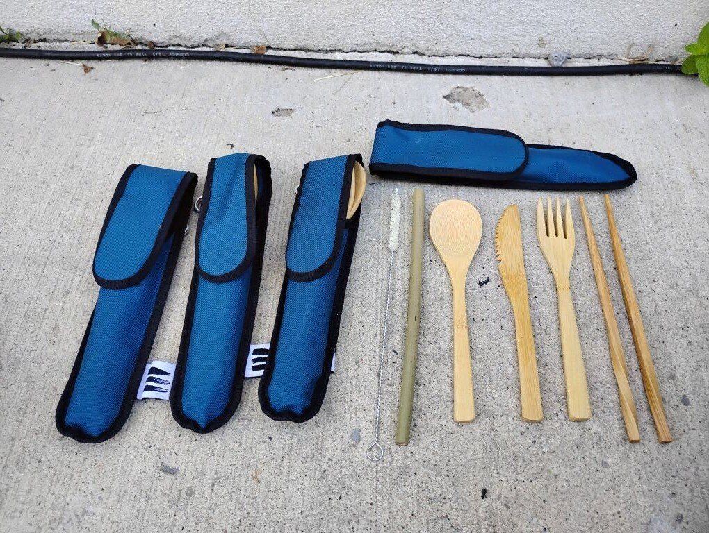 4 Wooden Utensils Camping Pouches Spoon Fork Knife Sets
