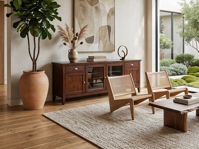 4-Door Wood Media Console TV Stand Credenza w/Glass Doors in Warm Walnut Colored Finish