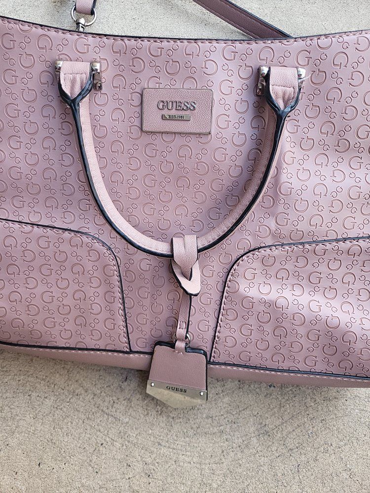 GUESS Pale Pink Monogram Tote Bag with Charm - Stylish & Spacious Shoulder Handbag