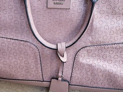 GUESS Pale Pink Monogram Tote Bag with Charm - Stylish & Spacious Shoulder Handbag