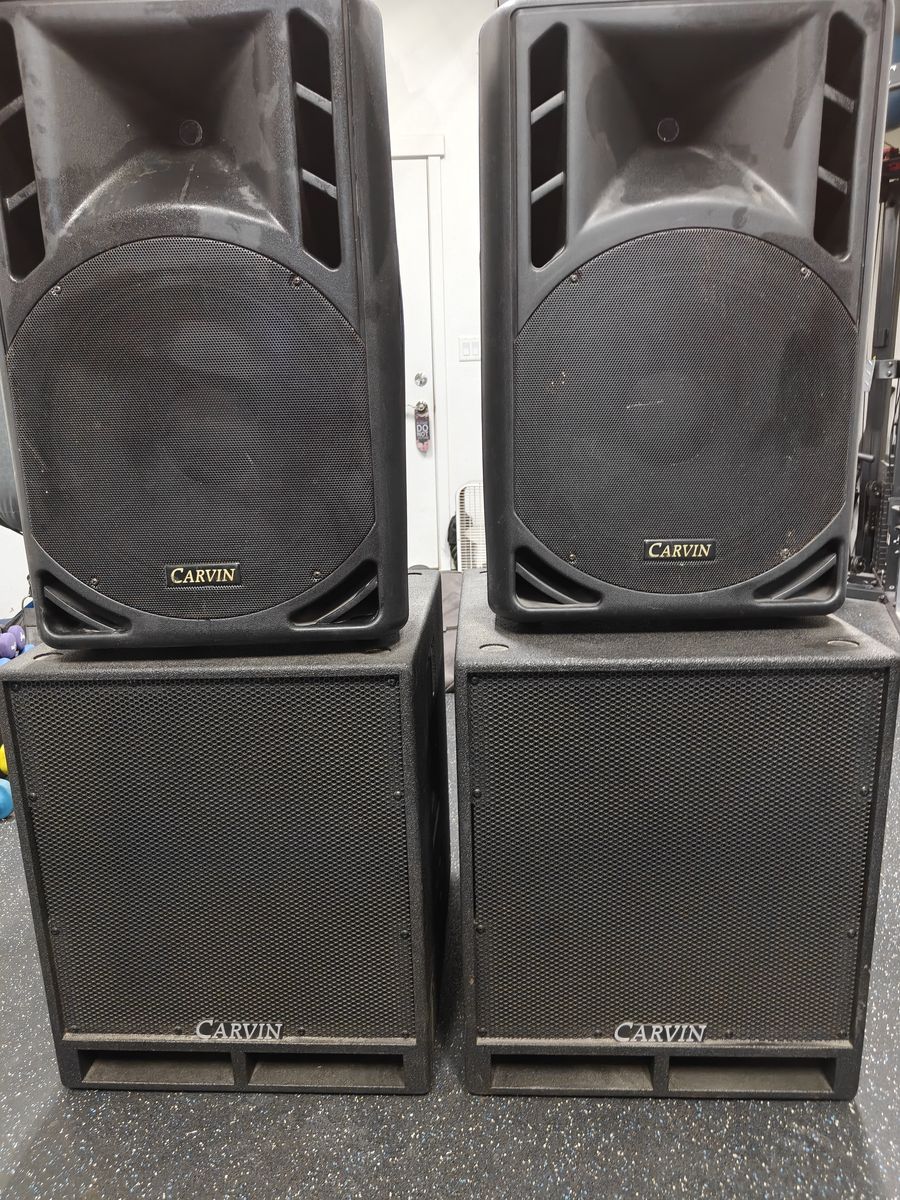 Complete DJ / Live Sound Rig — Carvin PA 2x 18" Subs, and 15" 2 way, Loaded Rack, 2 Amps Big Power light weight