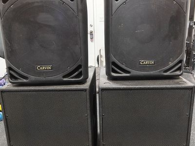 Complete DJ / Live Sound Rig — Carvin PA 2x 18" Subs, and 15" 2 way, Loaded Rack, 2 Amps Big Power light weight