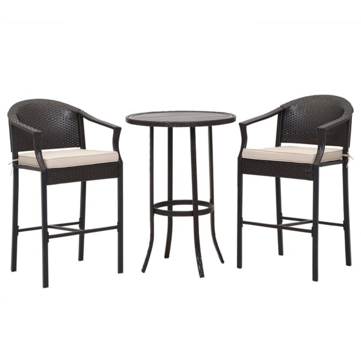 New 3-Piece Patio Bistro Set - Black Wicker Chairs & Table w/ Beige Cushions