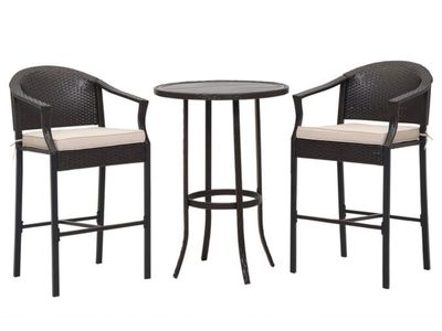 New 3-Piece Patio Bistro Set - Black Wicker Chairs & Table w/ Beige Cushions