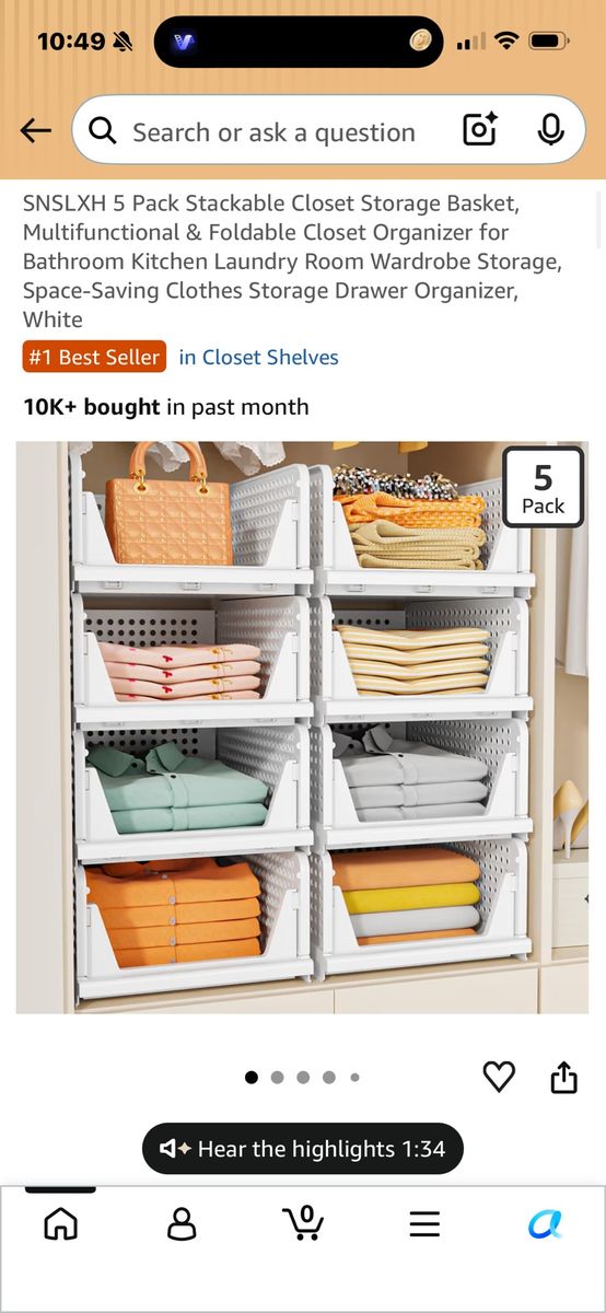 SNSLXH 5-Pack Stackable & Foldable Closet Storage Baskets - Multifunctional Organizer, White