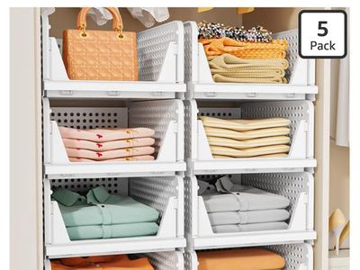 SNSLXH 5-Pack Stackable & Foldable Closet Storage Baskets - Multifunctional Organizer, White