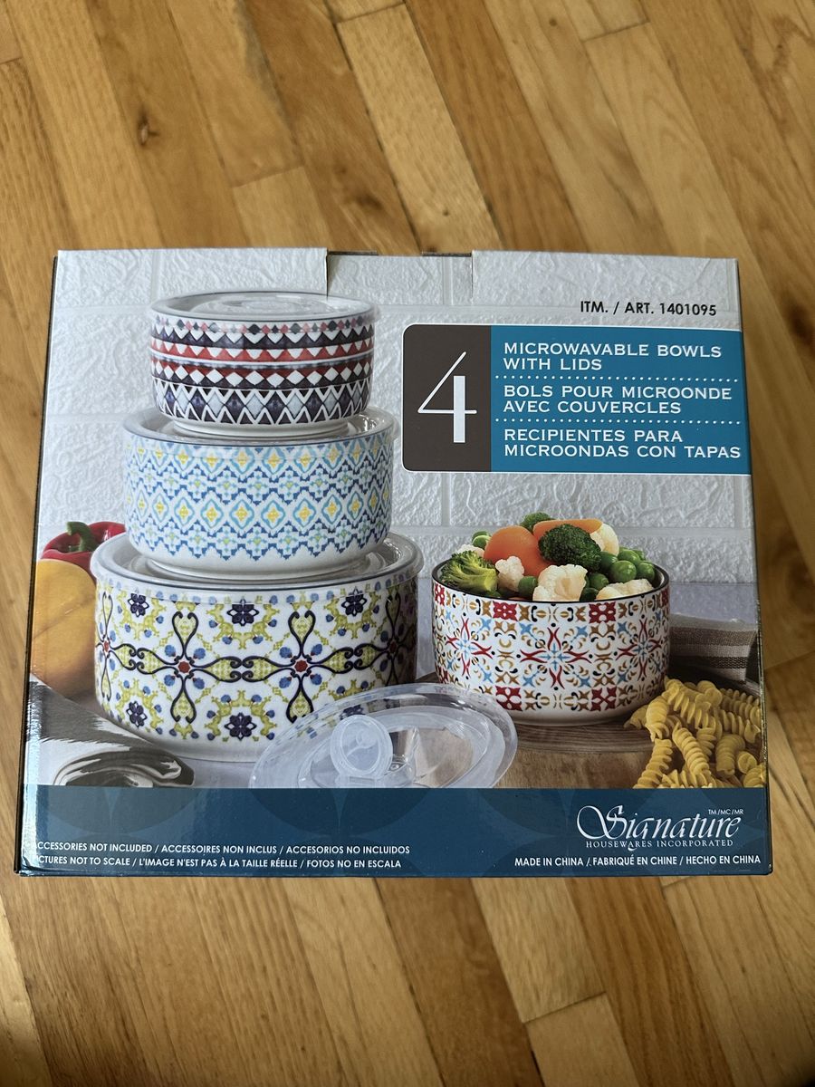 Signature Housewares 4-Piece Microwavable Bowls with Lids Assorted Patterns