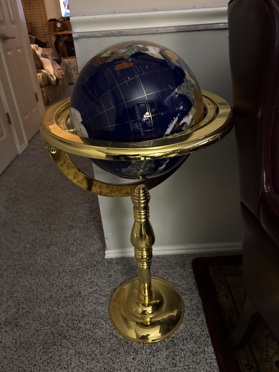 Large 40" Gemstone World Globe With Brass Stand