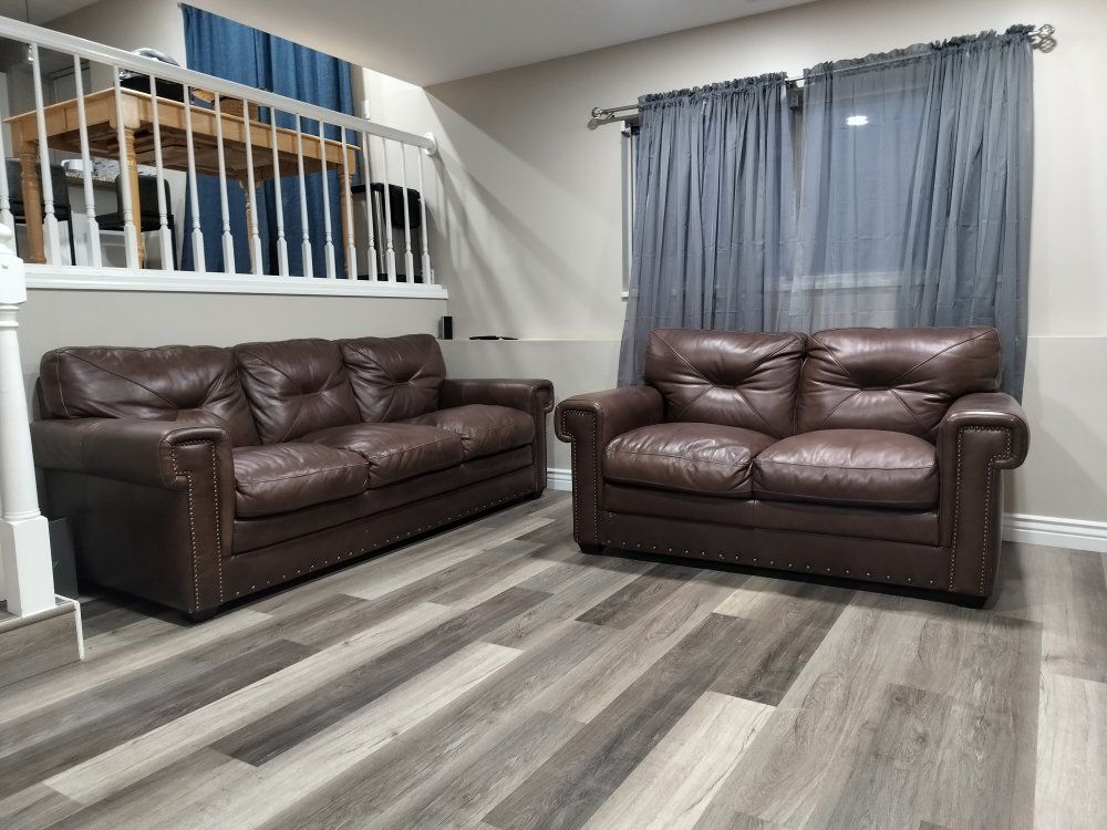 Brown Leather Sofa and Loveseat Set - Nailhead Trim, Tufted Back