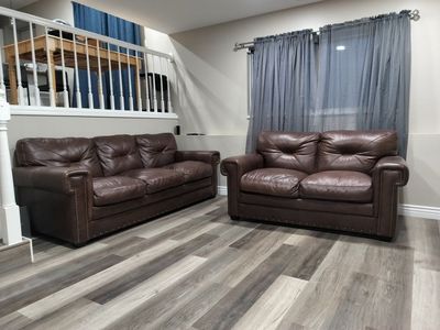 Brown Leather Sofa and Loveseat Set - Nailhead Trim, Tufted Back