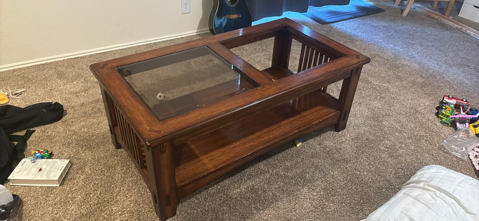 Mission Style Wood and Glass Insert Coffee Table with Lower Shelf