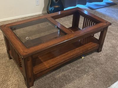 Mission Style Wood and Glass Insert Coffee Table with Lower Shelf