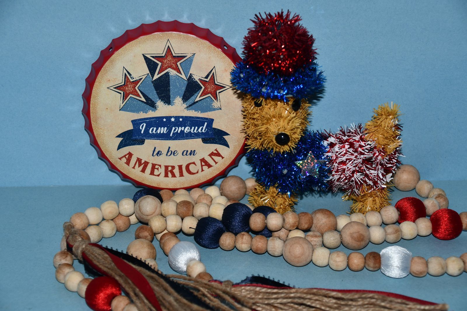 4th of JULY HOME DECOR ~ PROUD TO BE AN AMERICAN SIGN, PUPPY, BEAD GARLAND ~ ALL FOR $5