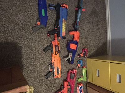 Lot of 12 Dart Guns: Nerf & X-Shot Blasters with Bucket of Darts & Attachments