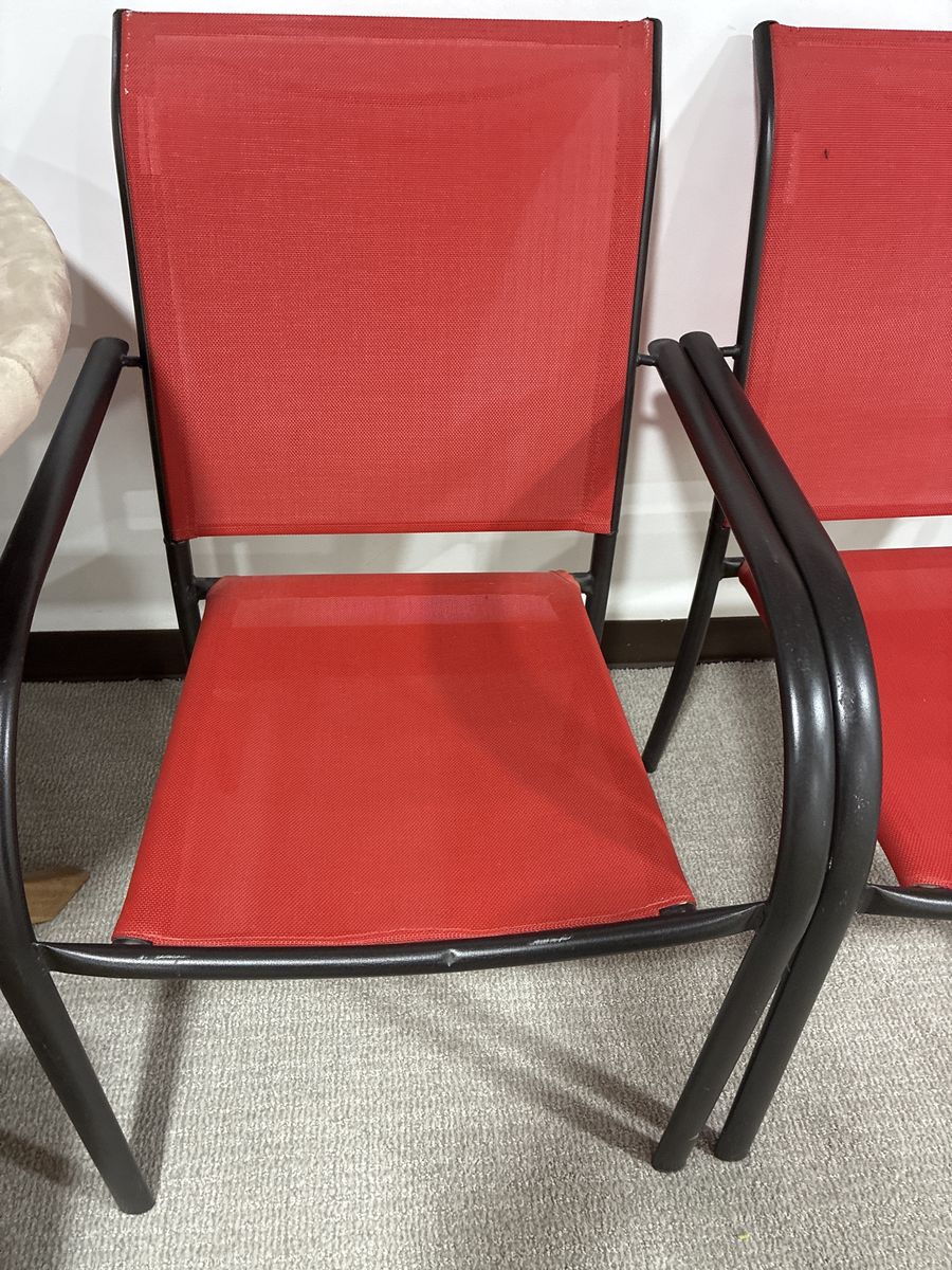 Pair of Red & Black Metal Frame Sling Chairs for Patio or Deck excellent condition. $40 for both. Text 8016379863