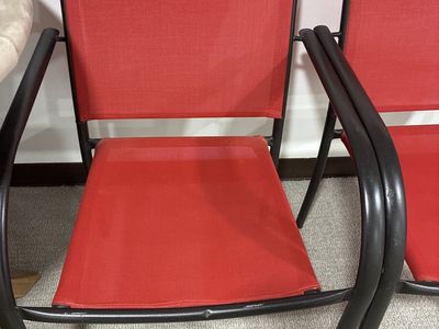 Pair of Red & Black Metal Frame Sling Chairs for Patio or Deck excellent condition. $40 for both. Text 8016379863