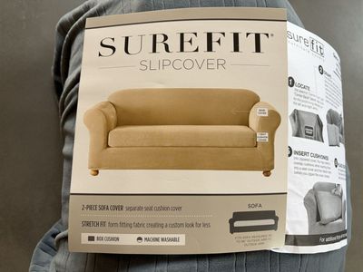NEW: SureFit Stretch Pinstripe 2-Piece Sofa Slipcover (French Blue)