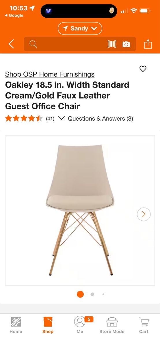 OSP Home Furnishings Oakley 18.5in Cream/Gold Faux Leather Guest Office Chair