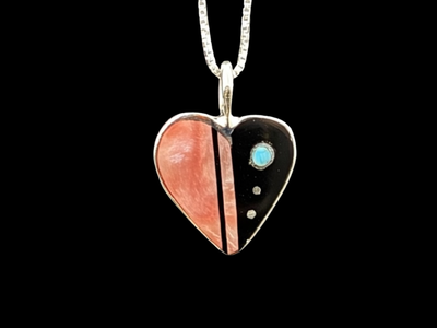 Sterling Silver Turquoise & Spiny Oyster Inlay Heart Pendant by Jimmy Poyer (Navajo)