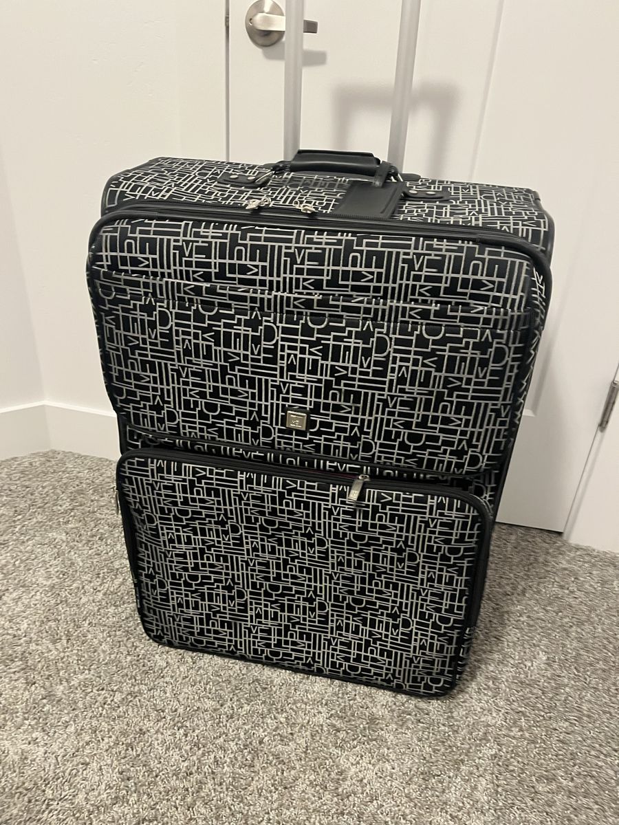 DVF Brand Black and Silver Geometric Pattern Rolling Suitcase with Pink Interior