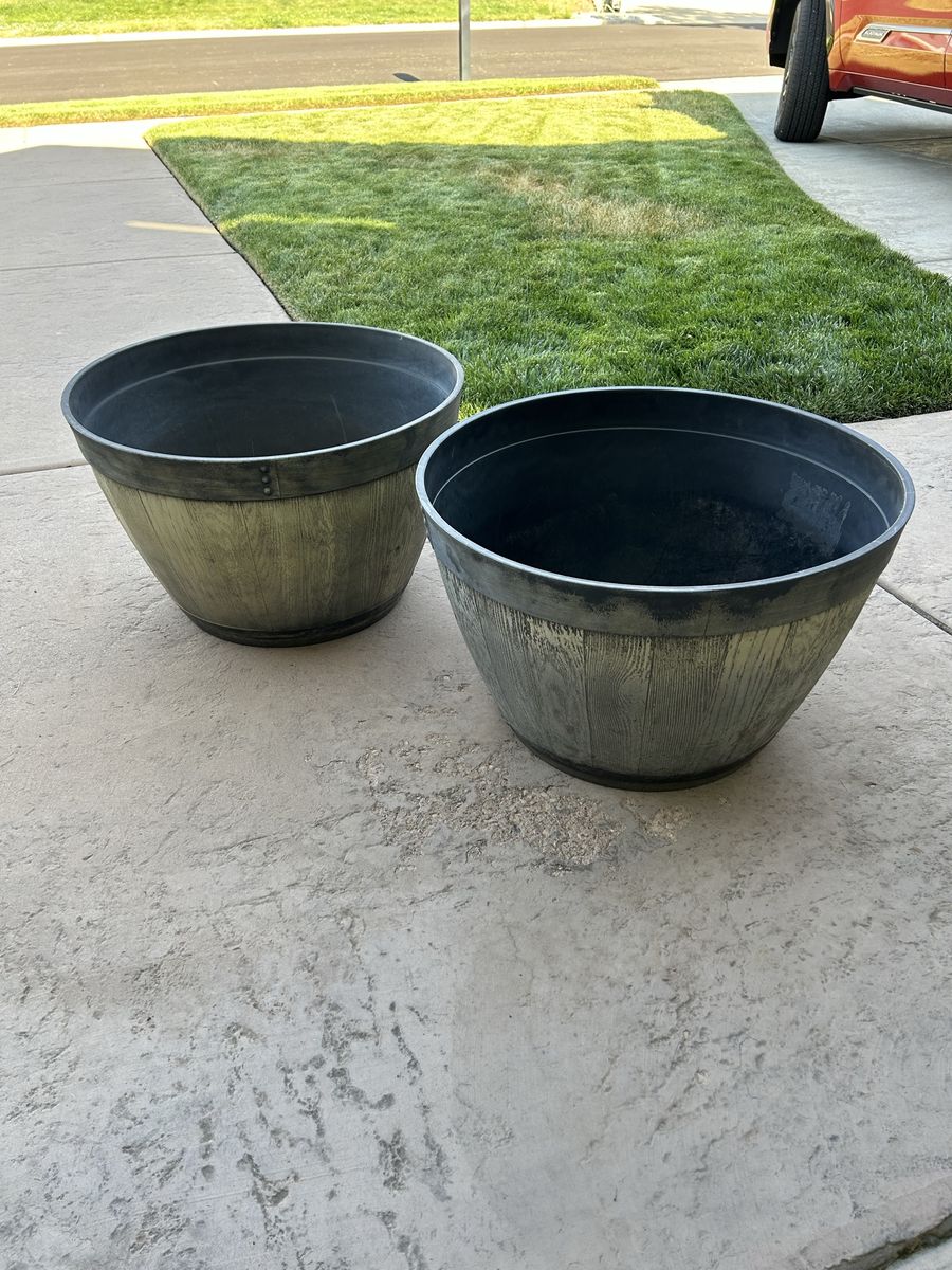 Two Large Faux Wood Barrel Planter Pot - 24 Inch Diameter x 16 Inch Height