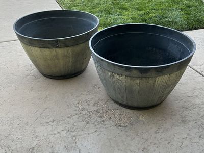 Two Large Faux Wood Barrel Planter Pot - 24 Inch Diameter x 16 Inch Height