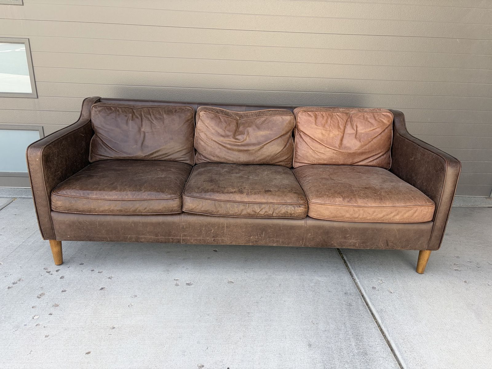 Mid-Century Modern Style Brown Leather 3-Cushion Sofa