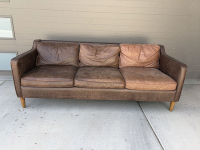 Mid-Century Modern Style Brown Leather 3-Cushion Sofa
