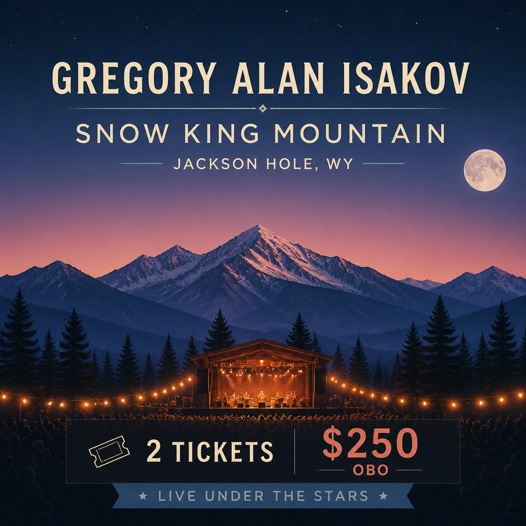 Gregory Alan Isakov – Snow King Mountain (Jackson, WY) – 2 Tickets + Gondola Passes – $250