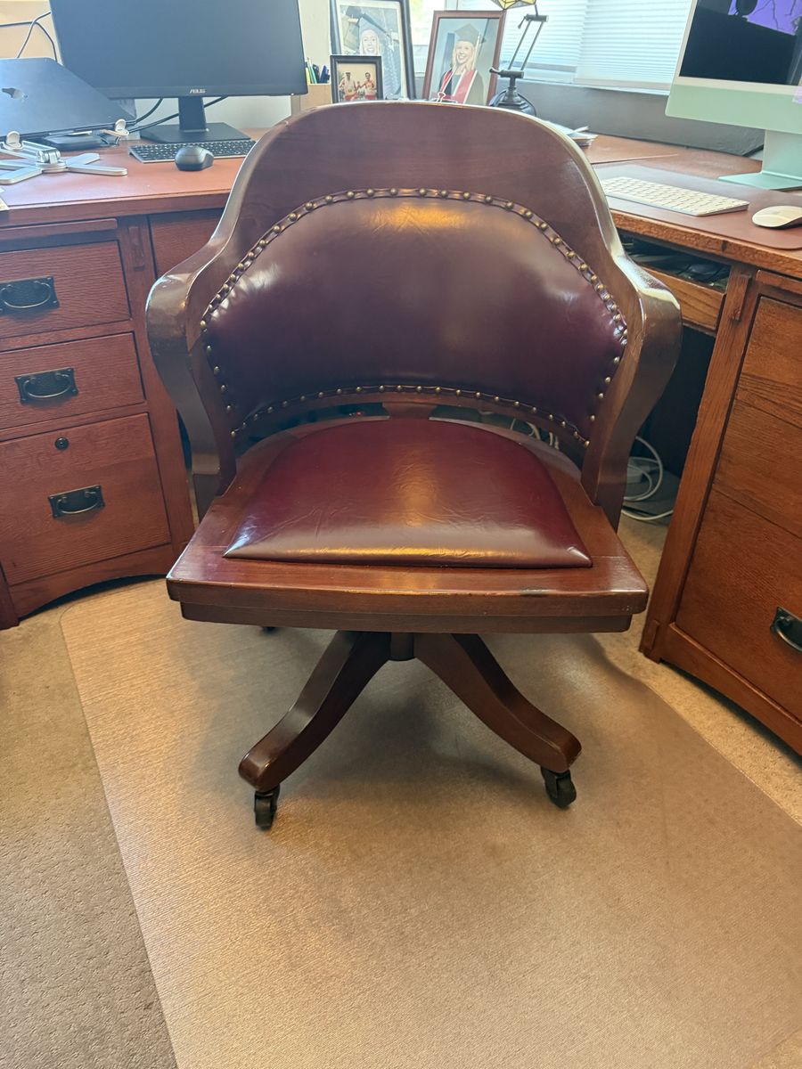 Vintage Style Wooden Office Chair with Red Leather Upholstery and Nailhead Trim, Swivel Casters