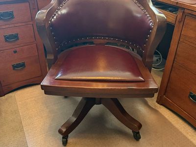 Vintage Style Wooden Office Chair with Red Leather Upholstery and Nailhead Trim, Swivel Casters
