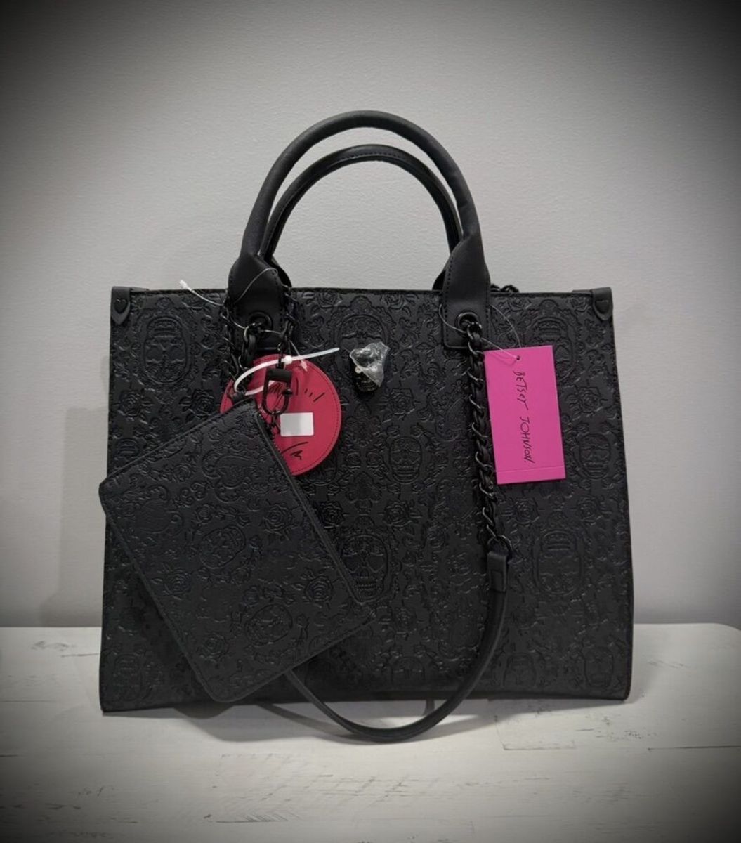 Betsey Johnson Skull Embossed Tote Bag Black with Detachable Wallet New