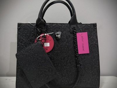 Betsey Johnson Skull Embossed Tote Bag Black with Detachable Wallet New