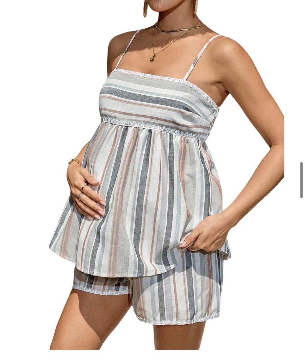 Maternity Striped Cami & Shorts Set - Comfortable and Stylish Pregnancy Loungewear size Large