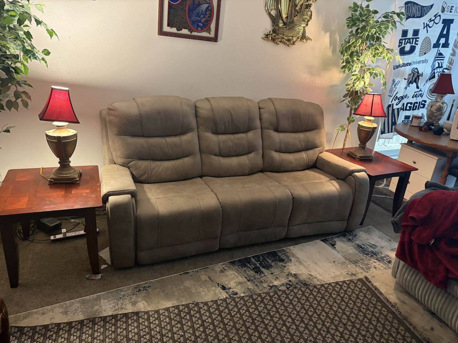 Couch, recliner, matching end tables and lamps