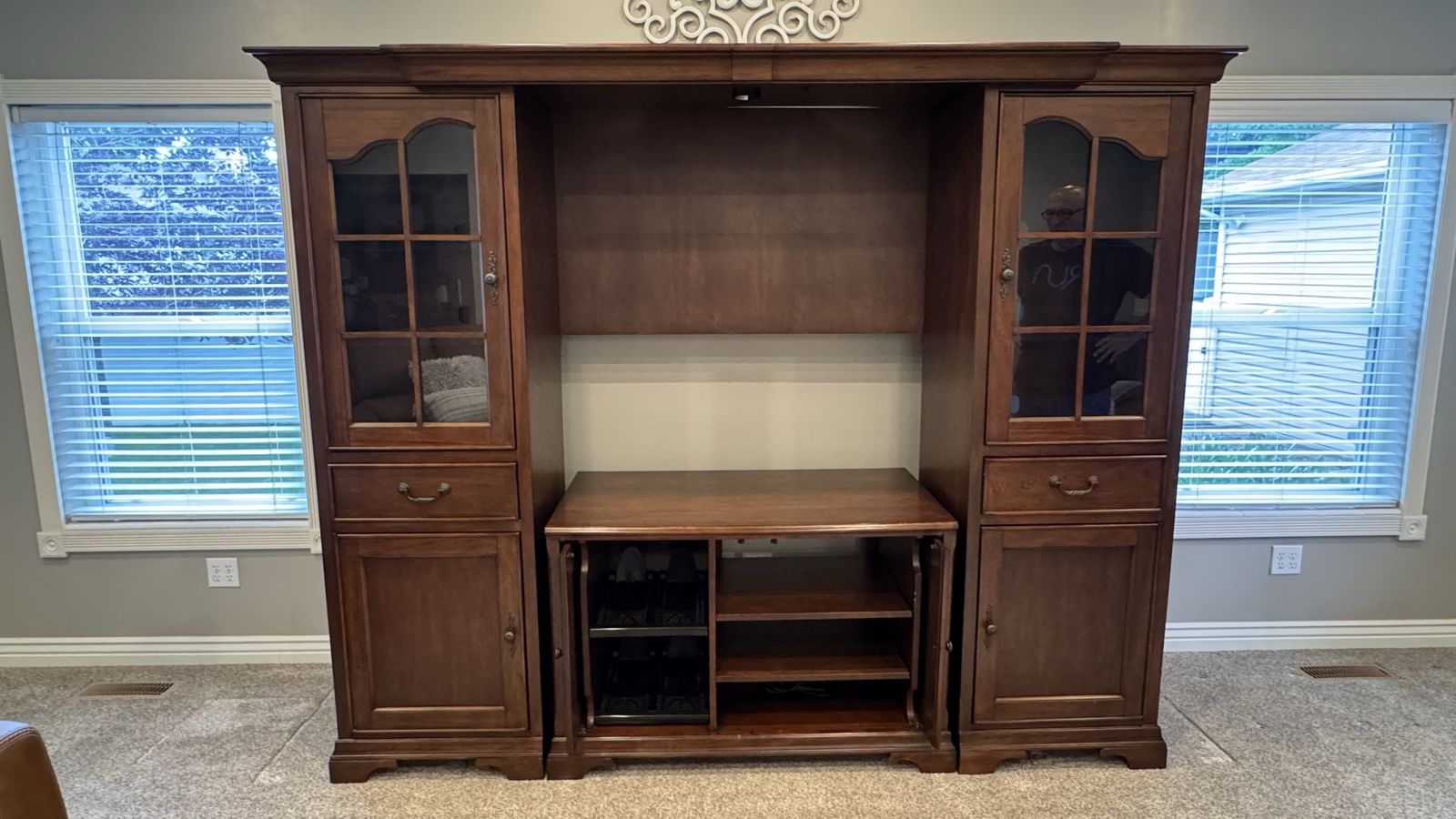 Large Wooden Wall Unit Entertainment Center - Adjustable Bridge & Glass Cabinets