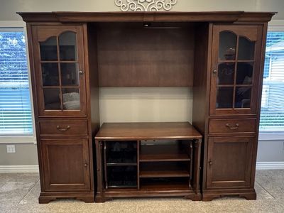 Large Wooden Wall Unit Entertainment Center - Adjustable Bridge & Glass Cabinets